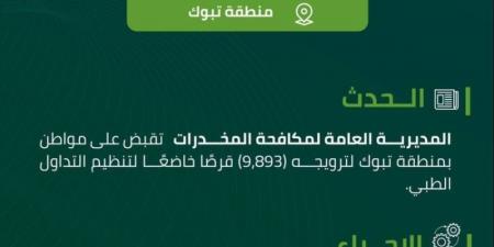 مكافحة المخدرات تقبض على شخص بمنطقة تبوك لترويجه 9,893 قرصًا خاضعًا لتنظيم التداول الطبي - ميديا سبورت