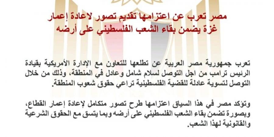 مصر تجدد رفضها مقترح ترامب..وتعتزم تقديم تصور لإعادة إعمار غزة مع بقاء السكان - ميديا سبورت