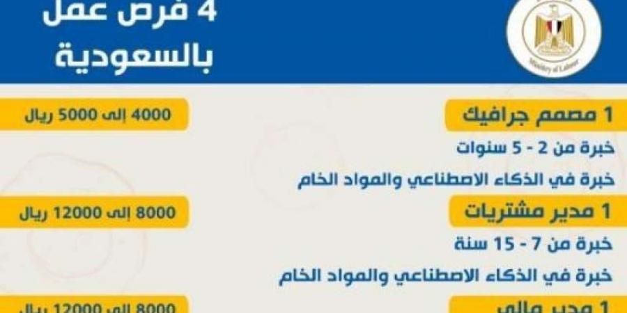 وزير العمل يعلن عن 4 فرص عمل لكوادر مصرية في ”شركة الطعام...اليوم الأربعاء، 19 فبراير 2025 03:28 مـ   منذ 32 دقيقة - ميديا سبورت