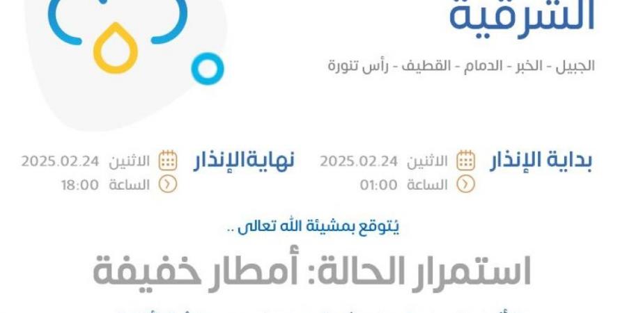 إنذار أصفر.. "الأرصاد" ينبه من أمطار خفيفة على المنطقة الشرقية - ميديا سبورت